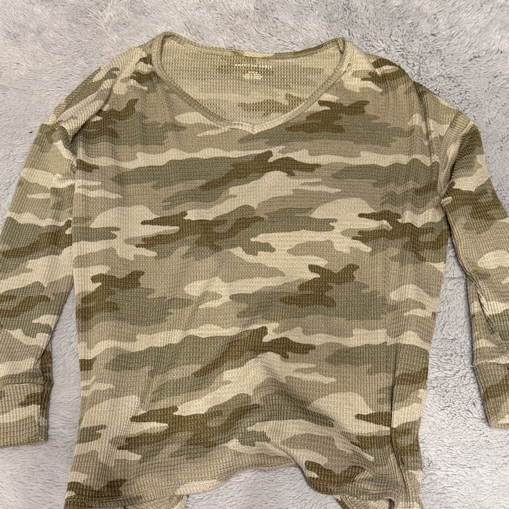 American Eagle Outfitters Olive & Tan Camo Waffle V-Neck Top